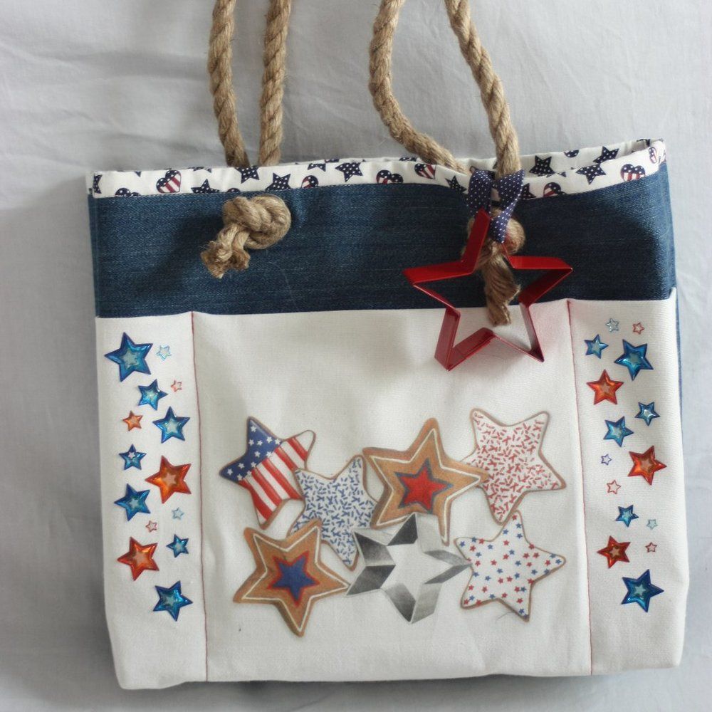 Stars Denim Open Top Tote with Rope Handles Hand Crafted NEW - Picture 4 of 6